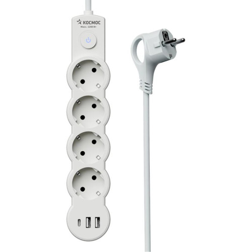Удлинитель 3х1.5м с заземл. 10А IP20 USB 2500Вт 220В ПВС 3х1 с выкл. бел. КОСМОС YKsm1.5m4g-Z-VU10А-W Удлинитель 3х1.5м с заземл. 10А IP20 USB 2500Вт 220В ПВС 3х1 с выкл. бел. КОСМОС YKsm1.5m4g-Z-VU10А-W