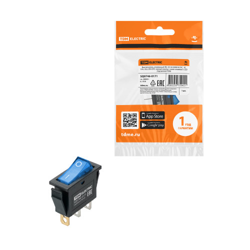 Выключатель клавишный IRS-101N 250В AC/DC, 1P, 15А, (3с), ON-OFF, черный корпус, синяя клавиша с LED подсветкой TDM