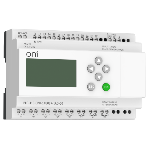 ПЛК 410 Модуль ЦПУ 8 DI 6 UI (0-10 В/DI) 8 RO 12В-24В DC или 24В AC с Ethernet портом с экраном ONI ПЛК 410 Модуль ЦПУ 8 DI 6 UI (0-10 В/DI) 8 RO 12В-24В DC или 24В AC с Ethernet портом с экраном ONI