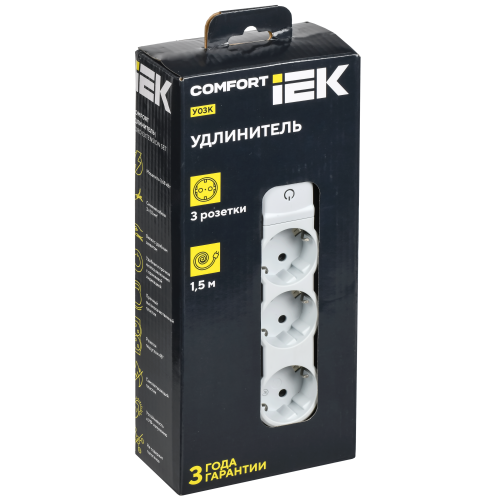 COMFORT Удлинитель У03К 3 места 2P+PE 1,5м 3х1,5мм2 16А белый IEK