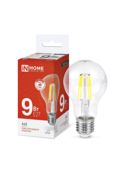 Лампа светодиодная LED-A60-deco 9Вт грушевидная прозрачная 4000К нейтр. бел. E27 1040лм 230В IN HOME 4690612008073