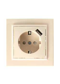 Розетка 1-местная с/з, STEKKER, PST16-9011-02 250В, 16А с защитной шторкой и с USB, серия Эрна, слоновая кость