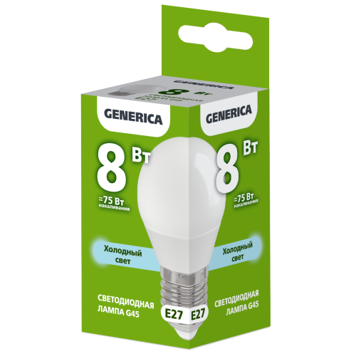 Лампа светодиодная G45 шар 8Вт 230В 6500К E27 GENERICA