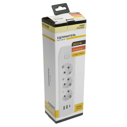 Удлинитель 3-местный c/з 3x1 мм2, 3 м, 250В, 10А, 2USB+1Type-C 2,4А, серия Home plus, белый STEKKER HM08-33-02 Удлинитель 3-местный c/з 3x1 мм2, 3 м, 250В, 10А, 2USB+1Type-C 2,4А, серия Home plus, белый STEKKER HM08-33-02