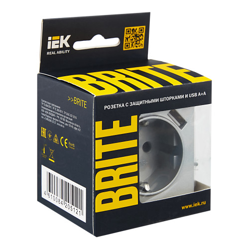 BRITE Розетка 1-местная с заземлением с защитными шторками 16А с USB A+A 5В 3,1А РЮш10-2-БрА алюминий IEK BRITE Розетка 1-местная с заземлением с защитными шторками 16А с USB A+A 5В 3,1А РЮш10-2-БрА алюминий IEK