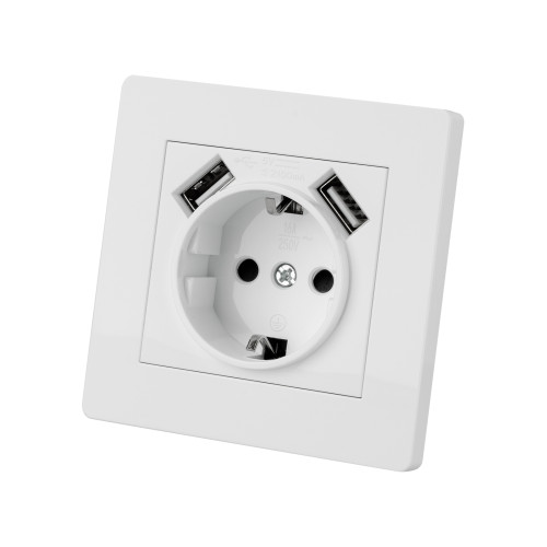 Розетка 2П+З 16А 250В + 2 USB порта 2,1А 5В белая Розетка 2П+З 16А 250В + 2 USB порта 2,1А 5В белая