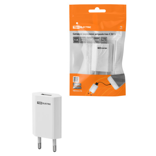 Сетевое зарядное устройство, СЗУ 1, 1 А, 1 USB, белый, TDM