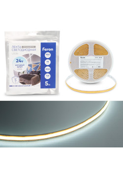 Лента светодиодная COB 720SMD(2110) 10Вт/м 24V 5000*8*1.8мм IP20 6500К, LS536 FERON СВОБОДНЫЙ РЕЗ