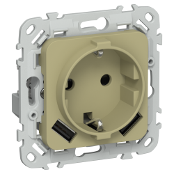 FLITE Розетка 1-местная с заземлением с защитными шторками 16А с USB A+A 3,1А безвинтовое крепление РСЮша11-1-ФлО оливковый IEK