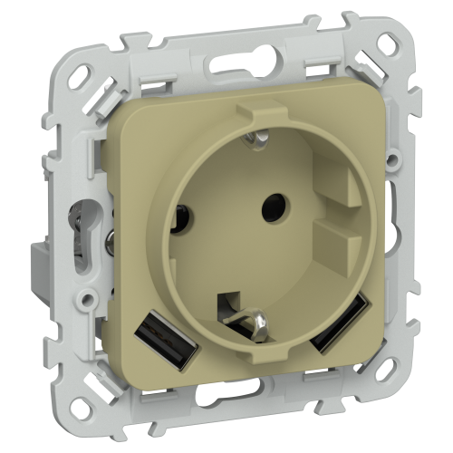 FLITE Розетка 1-местная с заземлением с защитными шторками 16А с USB A+A 3,1А безвинтовое крепление РСЮша11-1-ФлО оливковый IEK