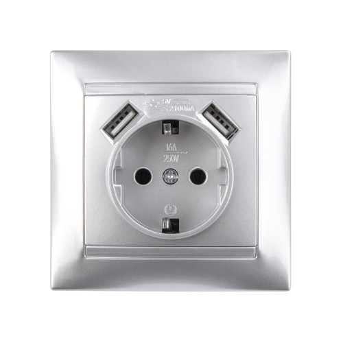 Розетка 2П+З 16А 250В + 2 USB порта 2,1А 5В металлик Розетка 2П+З 16А 250В + 2 USB порта 2,1А 5В металлик
