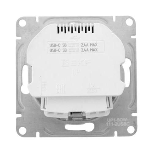 Механизм розетки с USB-C - 2шт, 16А, с з., со шт., бел. Эпика EKF Механизм розетки с USB-C - 2шт, 16А, с з., со шт., бел. Эпика EKF