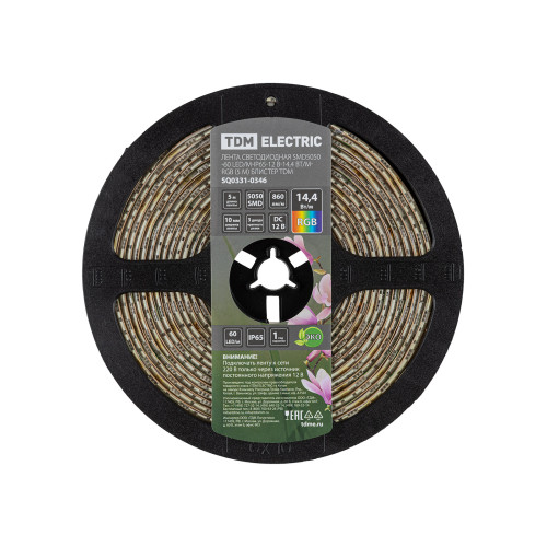 Лента светодиодная SMD5050-60 LED/м-IP65-12 В-14,4 Вт/м-RGB (5 м) блистер TDM Лента светодиодная SMD5050-60 LED/м-IP65-12 В-14,4 Вт/м-RGB (5 м) блистер TDM