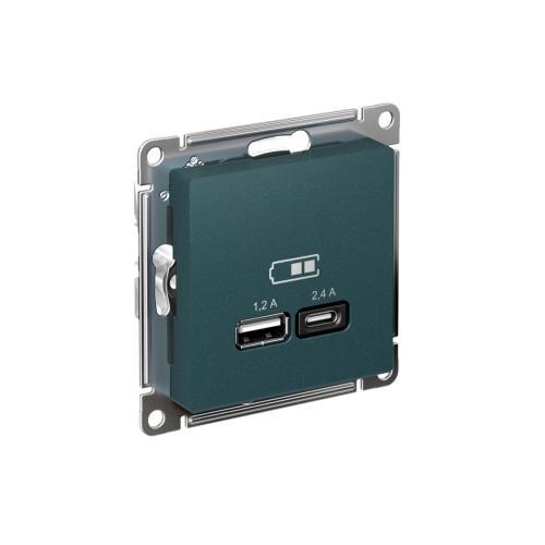 ATLASDESIGN USB РОЗЕТКА А+С, 5В/2,4А, 2х5В/1,2А, механизм, ИЗУМРУД