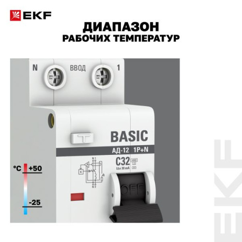 АВДТ АД-12 1P+N 32А х-ка C 30мА тип АС эл. 4,5кА BASIC АВДТ АД-12 1P+N 32А х-ка C 30мА тип АС эл. 4,5кА BASIC