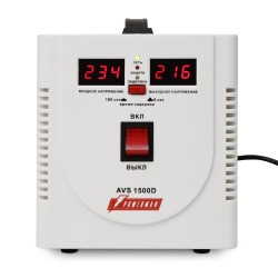 Стабилизатор POWERMAN AVS 1500D, ступенчатый регулятор, цифровые индикаторы уровней напряжения, 1500ВА, 140-260В, максимальный входной ток 10А, 2 евророзетки, IP-20, напольный,  200мм х 160мм х 190мм, 4 кг./ Stabilizer POWERMAN AVS 1500D, step-type regula