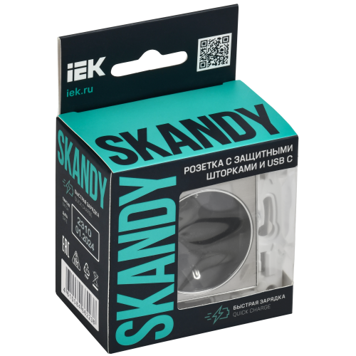 SKANDY Розетка с заземлением с защитными шторками 16А с USB C 18Вт SK-R17N металл никель IEK