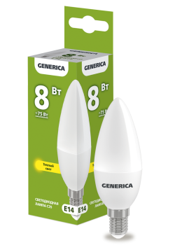 Лампа светодиодная C35 свеча 8Вт 230В 3000К E14 GENERICA