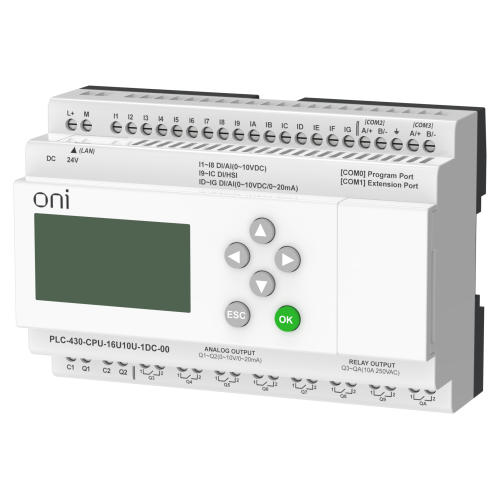 ПЛК 430 Модуль ЦПУ 4 DI 12 UI (0-10 В/DI) 8 RO 2 AO (1 шт 0-10 В и 1 шт 0-20 мА) 24В DC с Ethernet портом с экраном ONI