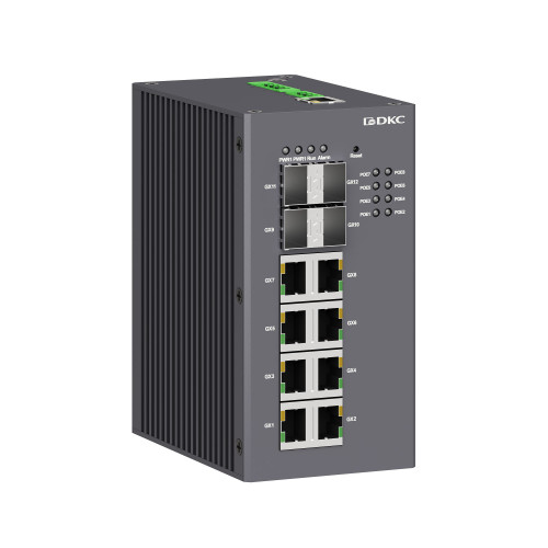 Промышленный управляемый коммутатор, с поддержкой PoE, 4×100Base-X,1000Base-X, 10/100/1000Base-T(X) SFP слота: 8×10/100/1000Base-T(X) RJ45PoE портов, 48В DC (18-57В DC), с резервированием