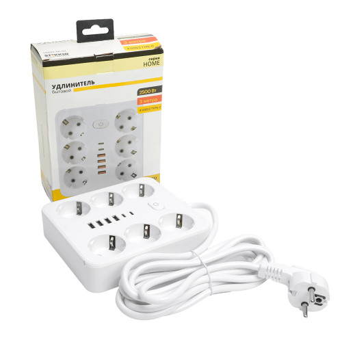 Удлинитель 6-местный c/з 3x1 мм2, 3 м, 250В, 10А, 4USB+2Type-C 2,4А, серия Home plus, белый STEKKER HM09-66-02 Удлинитель 6-местный c/з 3x1 мм2, 3 м, 250В, 10А, 4USB+2Type-C 2,4А, серия Home plus, белый STEKKER HM09-66-02