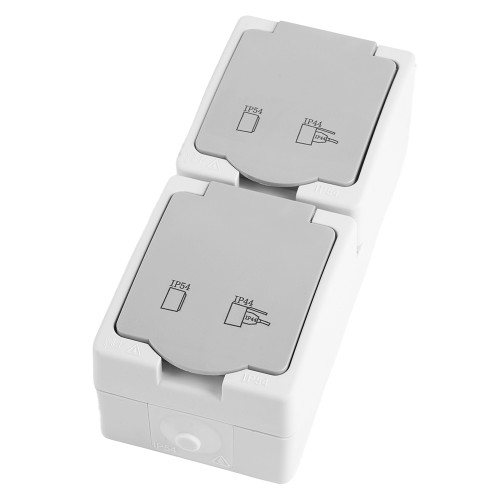 Розетка 2-местная с крышкой с/з STEKKER PST16-22-54V, пластик АВS, 250В, 16А, IP54, белый/серый Розетка 2-местная с крышкой с/з STEKKER PST16-22-54V, пластик АВS, 250В, 16А, IP54, белый/серый