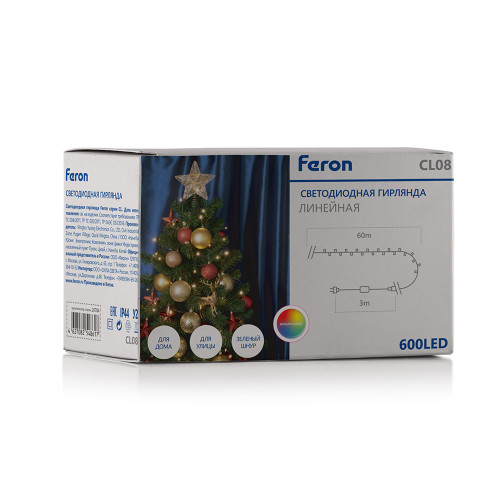 Светодиодная гирлянда Feron CL08 линейная 60м + 3м 230V мультиколор,статичная, c питанием от сети, зеленый шнур Светодиодная гирлянда Feron CL08 линейная 60м + 3м 230V мультиколор,статичная, c питанием от сети, зеленый шнур