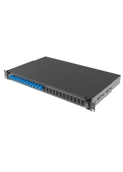 Оптическая полка выдвижная 1U с адатерами 12 х двухволоконный (Duplex) LC OS2 в комплекте с лицевой панелью, пигтейлами, сплайс-кассет(ой/ами) и гильзами КДЗС