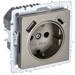 BRITE Розетка 1-местная с заземлением с защитными шторками 16А с USB A+C 18Вт РЮш11-1-БрШ шампань IEK