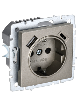 BRITE Розетка 1-местная с заземлением с защитными шторками 16А с USB A+C 18Вт РЮш11-1-БрШ шампань IEK