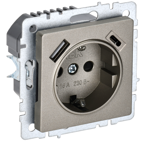 BRITE Розетка 1-местная с заземлением с защитными шторками 16А с USB A+C 18Вт РЮш11-1-БрШ шампань IEK