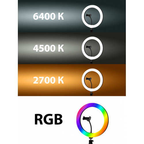 Лампа кольцевая светодиодная 30 см, 16 Вт, 2700-6400 К+RGB, штатив наст., диммер, ПДУ, USB, TDM