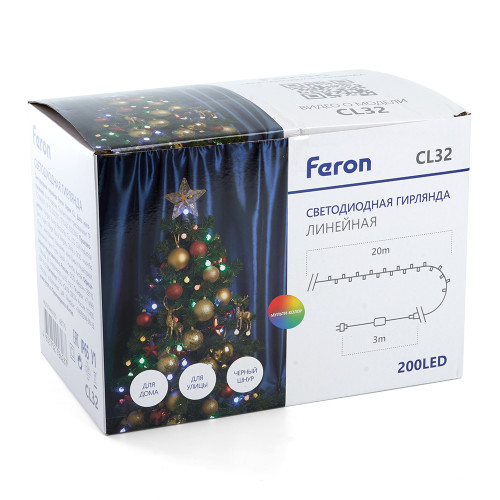 Светодиодная гирлянда Feron CL32 линейная 20 м +3м 230V мультиколор, c питанием от сети, черный шнур Светодиодная гирлянда Feron CL32 линейная 20 м +3м 230V мультиколор, c питанием от сети, черный шнур