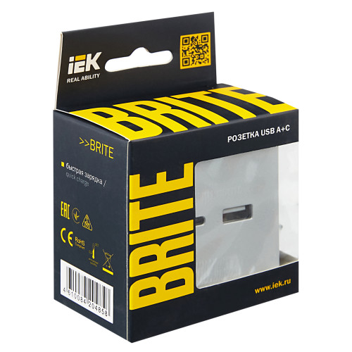 BRITE Розетка USB A+C 18Вт РЮ11-1-БрА алюминий IEK BRITE Розетка USB A+C 18Вт РЮ11-1-БрА алюминий IEK