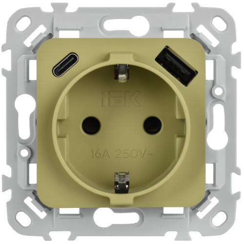 FLITE Розетка 1-местная с заземлением с защитными шторками 16А с USB A+C 20Вт безвинтовое крепление РСЮшс11-1-ФлО оливковый IEK FLITE Розетка 1-местная с заземлением с защитными шторками 16А с USB A+C 20Вт безвинтовое крепление РСЮшс11-1-ФлО оливковый IEK