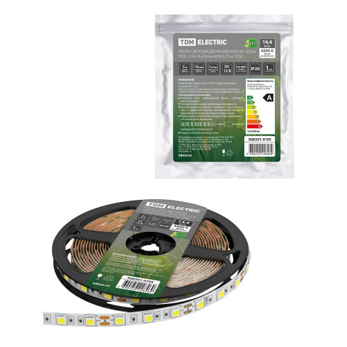Лента светодиодная SMD5050-60-20-12-144-6000 60LED/м, IP20, 12В, 14,4Вт, (У) 6000К, TDM Лента светодиодная SMD5050-60-20-12-144-6000 60LED/м, IP20, 12В, 14,4Вт, (У) 6000К, TDM