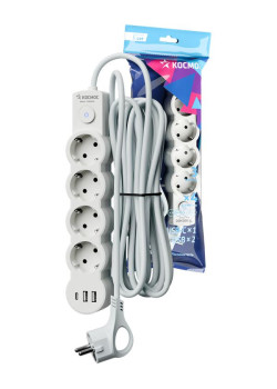 Удлинитель 3х3м с заземл. 10А IP20 USB 2500Вт 220В ПВС 3х1 с выкл. бел. КОСМОС YKsm3m4g-Z-VU10А-W