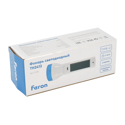 Фонарь ручной Feron TH2412 с солнечной батареей TYPE-C Фонарь ручной Feron TH2412 с солнечной батареей TYPE-C