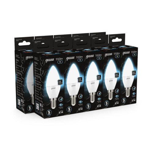 Лампа светодиодная Black 7Вт свеча 4100К нейтр. бел. E14 550лм шаг. диммир. GAUSS 103101207-S