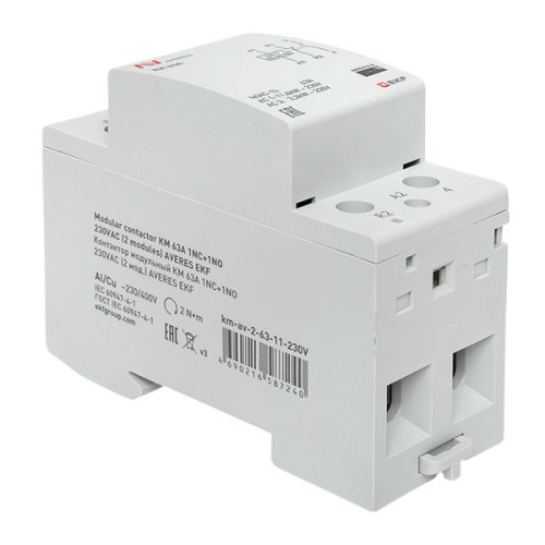 Контактор модульный КМ 63А 1NO+1NC 230В АС (2 мод.) AVERES EKF Контактор модульный КМ 63А 1NO+1NC 230В АС (2 мод.) AVERES EKF