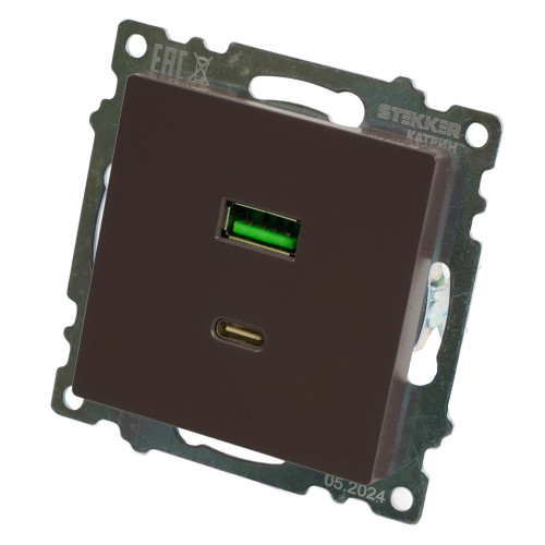 Розетка 2-местная USB + type C, STEKKER GLS10-7116-04, 250В, 3А, max 20W,серия Катрин, шоколад Розетка 2-местная USB + type C, STEKKER GLS10-7116-04, 250В, 3А, max 20W,серия Катрин, шоколад