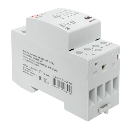 Контактор модульный КМ 25А 4NO 24В АС (2 мод.) AVERES EKF Контактор модульный КМ 25А 4NO 24В АС (2 мод.) AVERES EKF