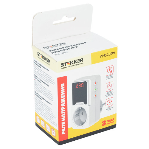 Реле напряжения для розетки регулируемое  STEKKER  VPR-200W, 230В,16A,белый