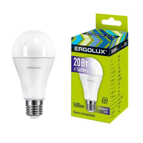 Лампа светодиодная LED-A65-20W-E27-6K 20Вт грушевидная 6500К холод. бел. E27 207-253В ЛОН Ergolux 13184