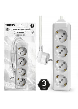 Удлинитель 4х3м с заземл. 10А 3х1.5 TOKOV LIGHT TKL-C01-BU4-3-1.5-Z