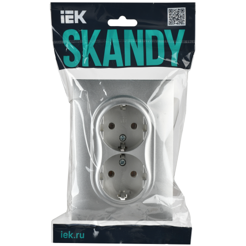 SKANDY Розетка 2-местная с заземлением без защитных шторок 16А в сборе SK-R08S серебряный IEK