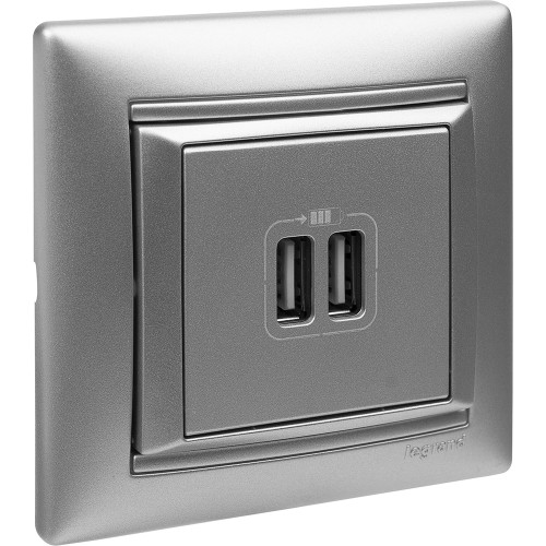 VALENA Розетка USB A + A 15Вт алюминий VALENA Розетка USB A + A 15Вт алюминий