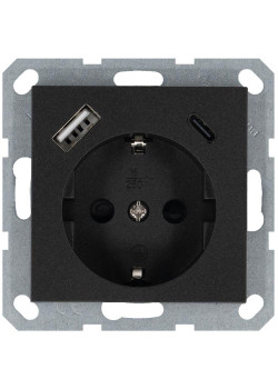 Розетка Shuko 16А с заземл. защ. шторки с 2-мя заряд. устройствами USB тип A+C 25Вт механизм антрацит Jasmart G5501USB-25B