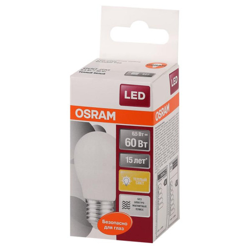 Лампа светодиодная LED Star Classic P 60 6.5W/830 6.5Вт шар матовая 3000К тепл. бел. E27 550лм 220-240В пластик. OSRAM 4058075134355 Лампа светодиодная LED Star Classic P 60 6.5W/830 6.5Вт шар матовая 3000К тепл. бел. E27 550лм 220-240В пластик. OSRAM 4058075134355