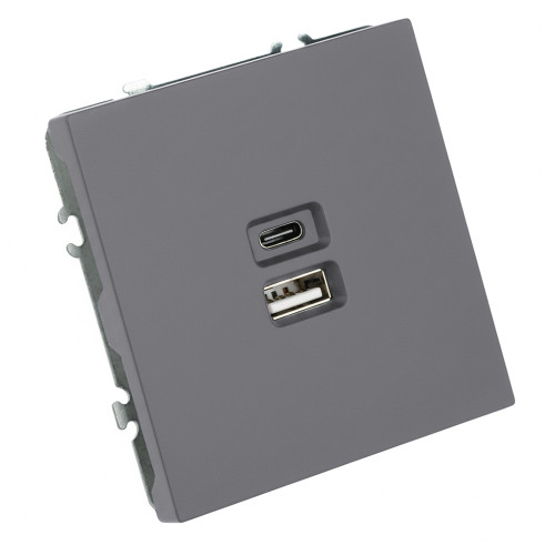 Розетка 2-местная USB + Type C (механизм), STEKKER, 250В, 20W, серия Эмили, RST10-5115-10, платиново-серый, soft touch Розетка 2-местная USB + Type C (механизм), STEKKER, 250В, 20W, серия Эмили, RST10-5115-10, платиново-серый, soft touch